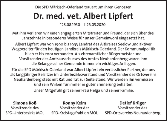 Traueranzeige Dr. med. vet. Albert Lipfert